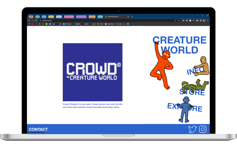creature.world homepage on a laptop, with animated creatures swinging on the text