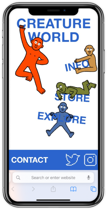 creature.world homepage on a phone, with animated creatures swinging on the text
