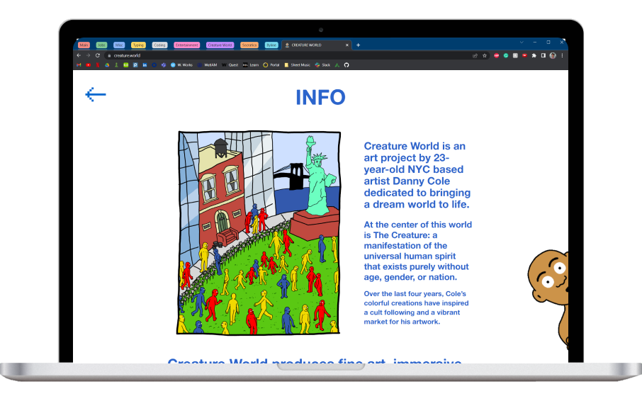 creature.world info page on a laptop, with a large picture of artwork, and a bio beneath