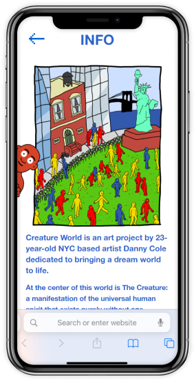 creature.world info page on a phone, with a large picture of artwork, and a bio beneath