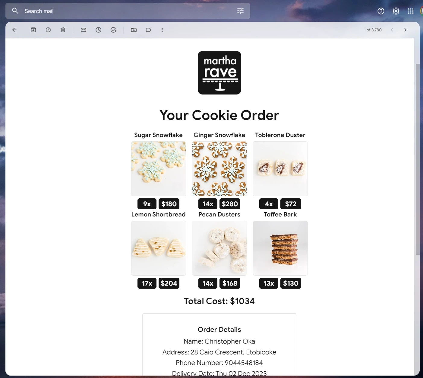 an email from Martha Rave Cookies displaying a customer's order