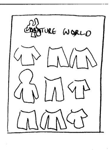 Hand-drawn prototype of creature world store page